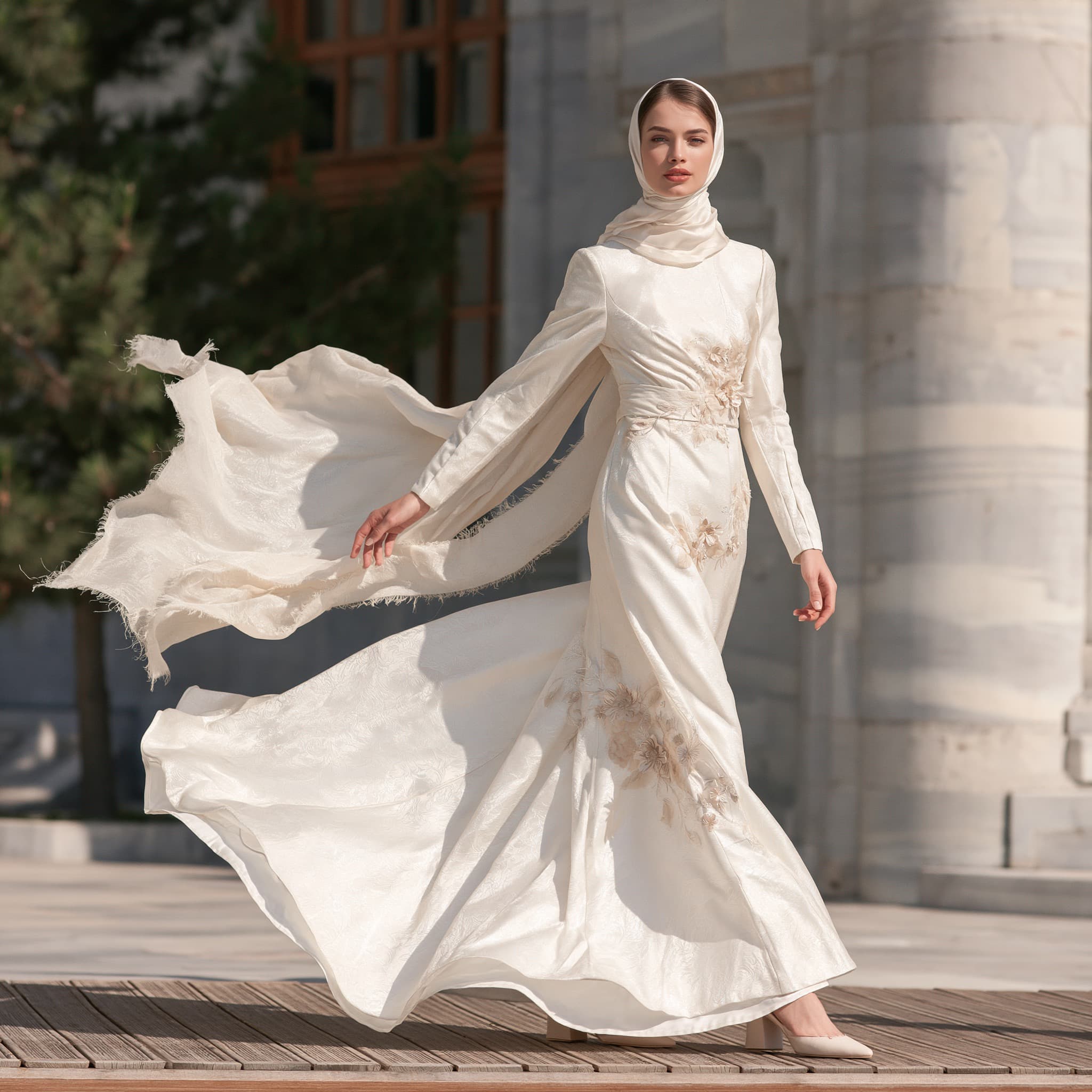 A woman in an embroidered ivory Safid gown and scarf before marble columns