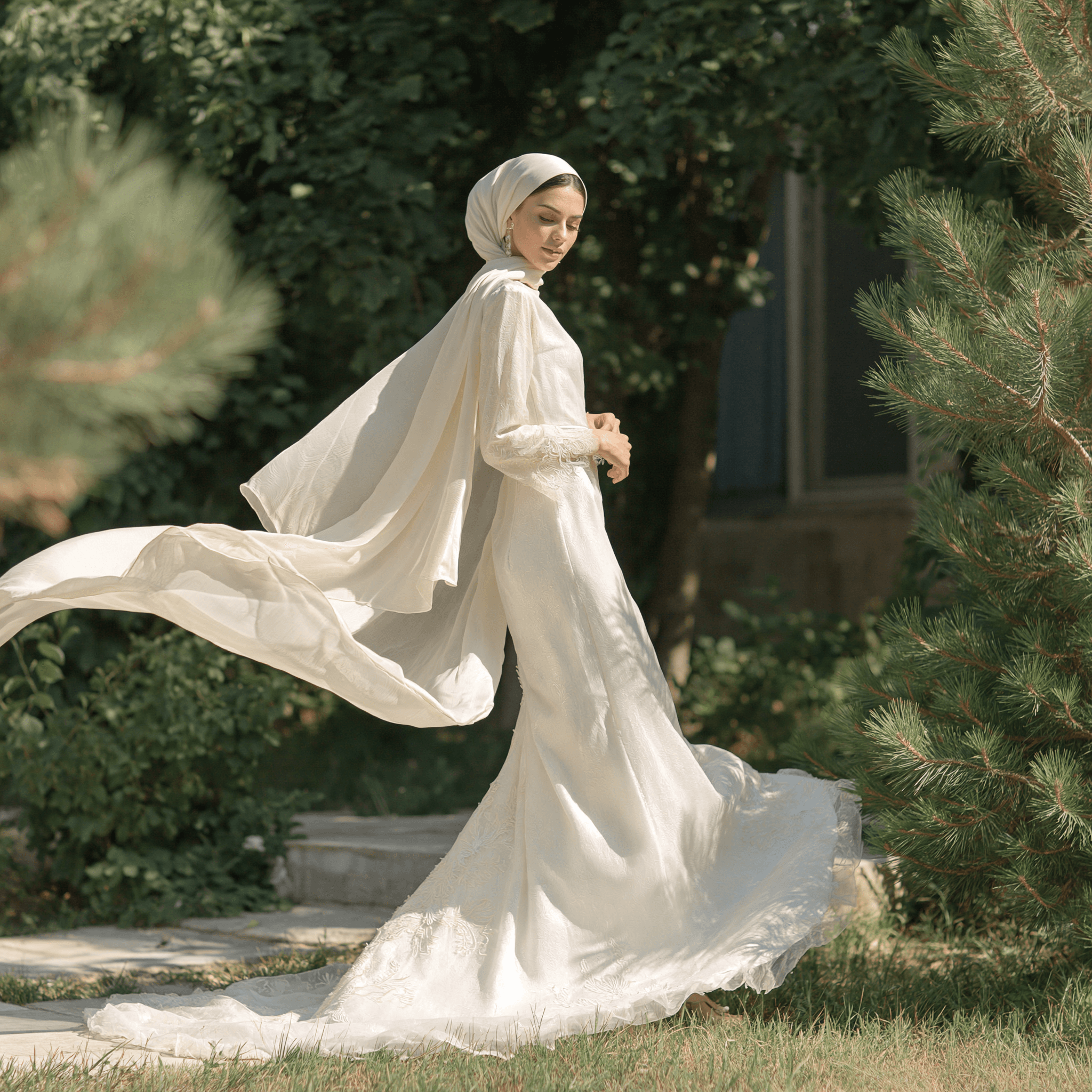 A woman in a flowing white Safid gown and scarf, walking through a sunlit garden